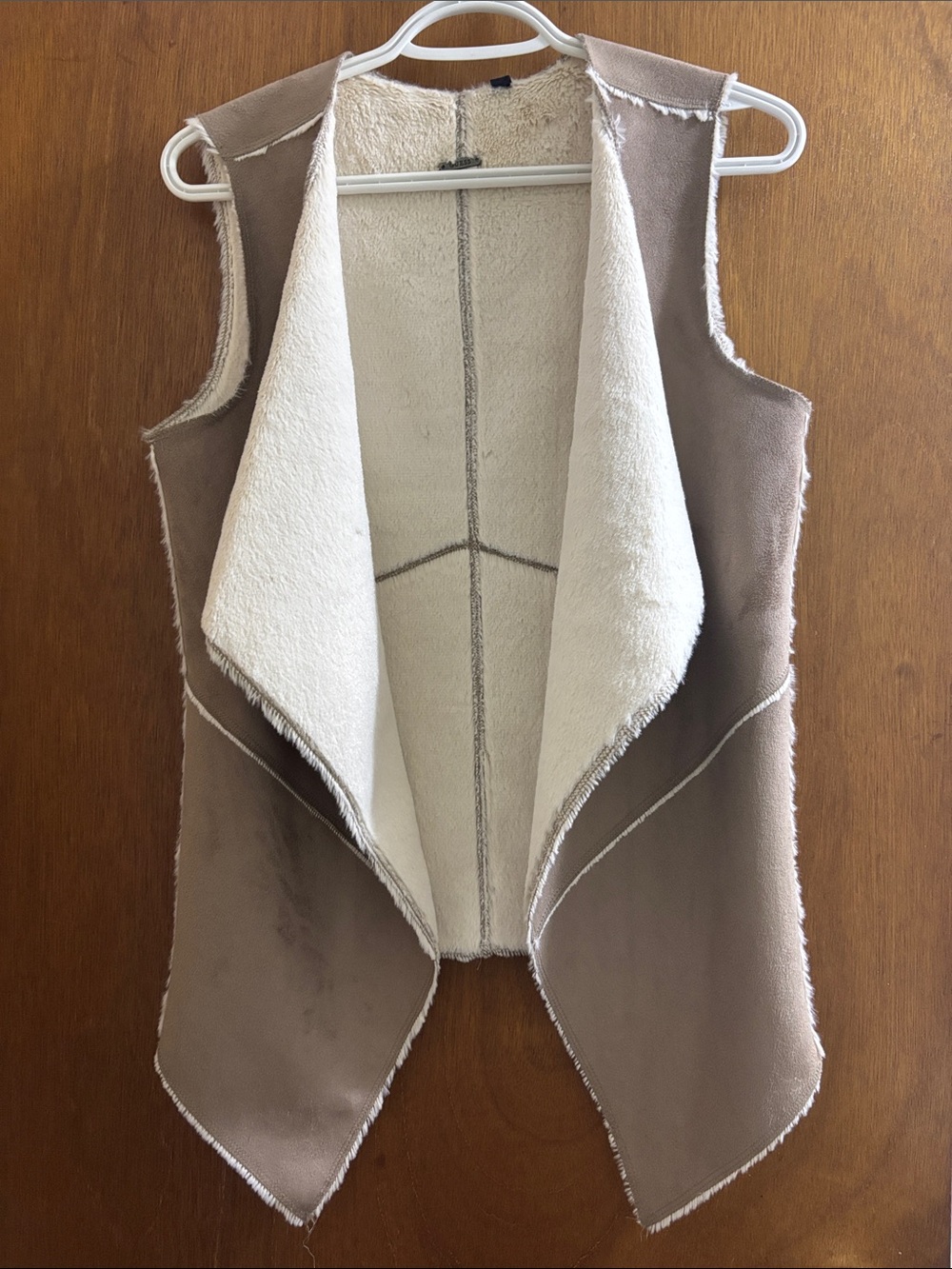 Guess Taupe and Cream Faux Shearling Open Vest